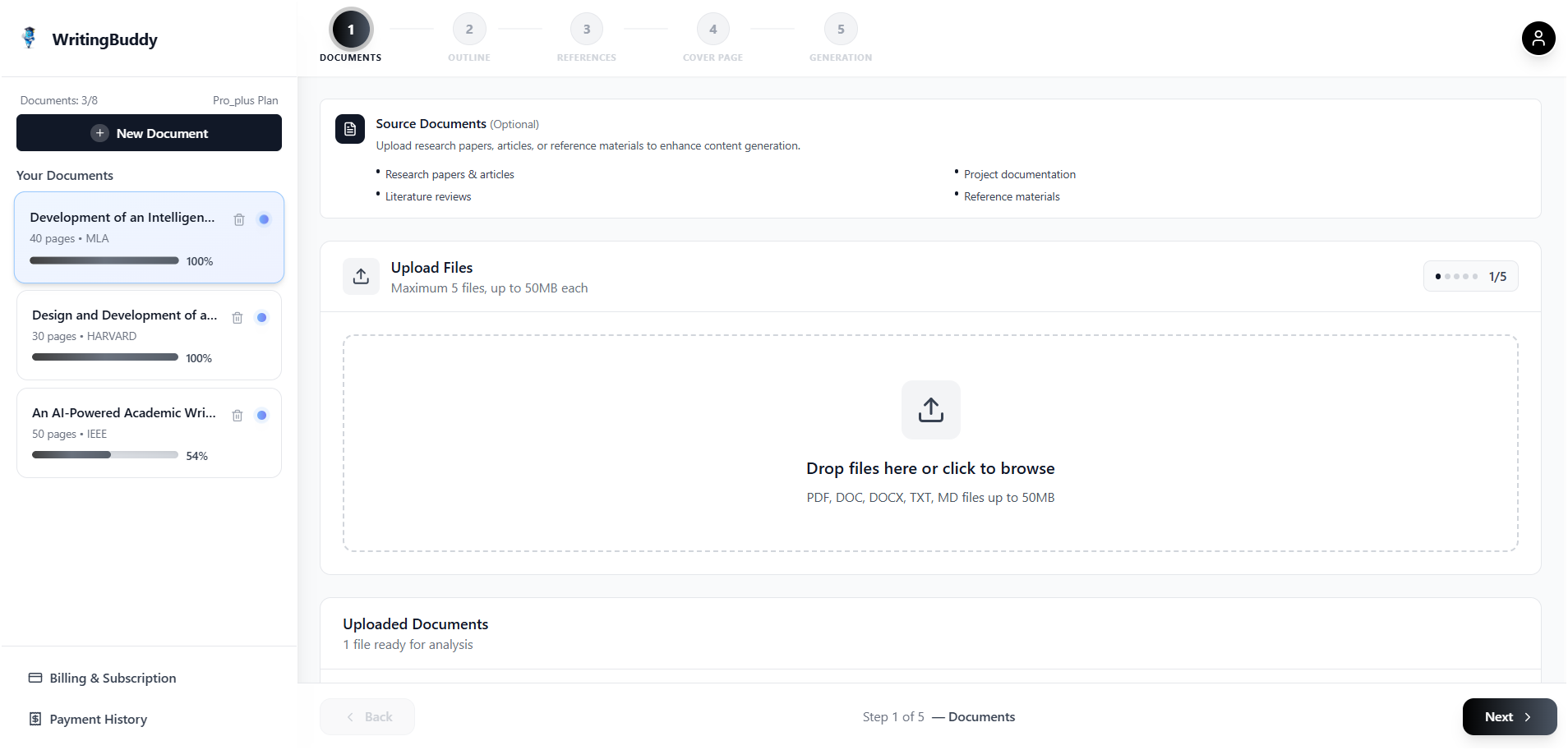 WritingBuddy dashboard — AI academic writing workspace